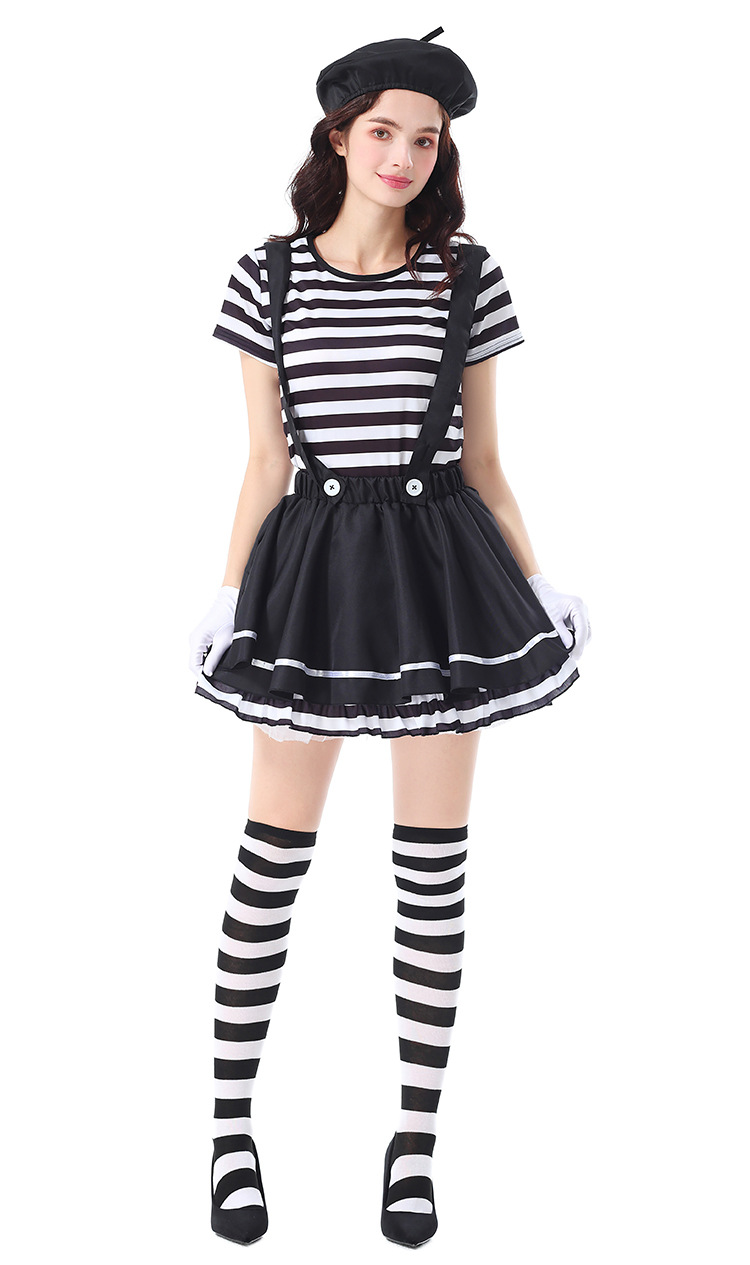 Halloween costume for adults, striped mime clown overalls, tutu skirt, circus burlesque mime costume