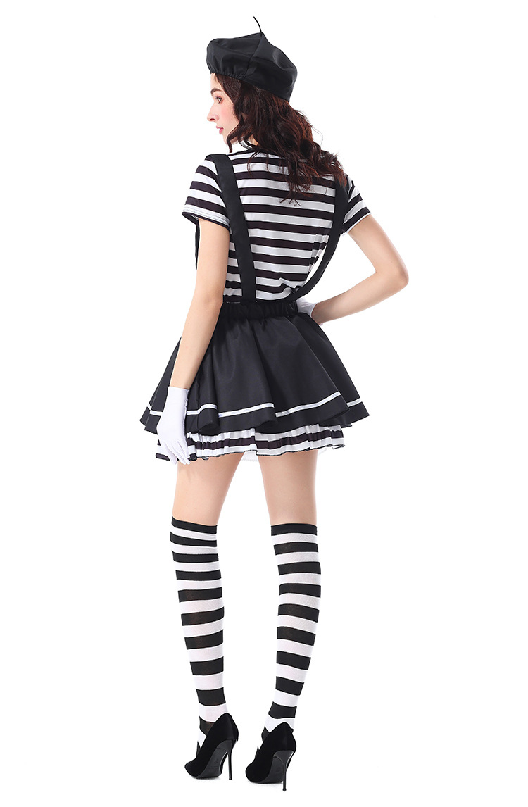 Halloween costume for adults, striped mime clown overalls, tutu skirt, circus burlesque mime costume