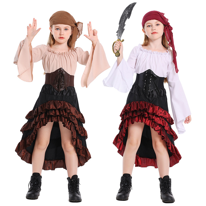 Little girl's Caribbean pirate costume: bell-sleeved top and high-waisted fishtail skirt, Halloween children's performance costume.