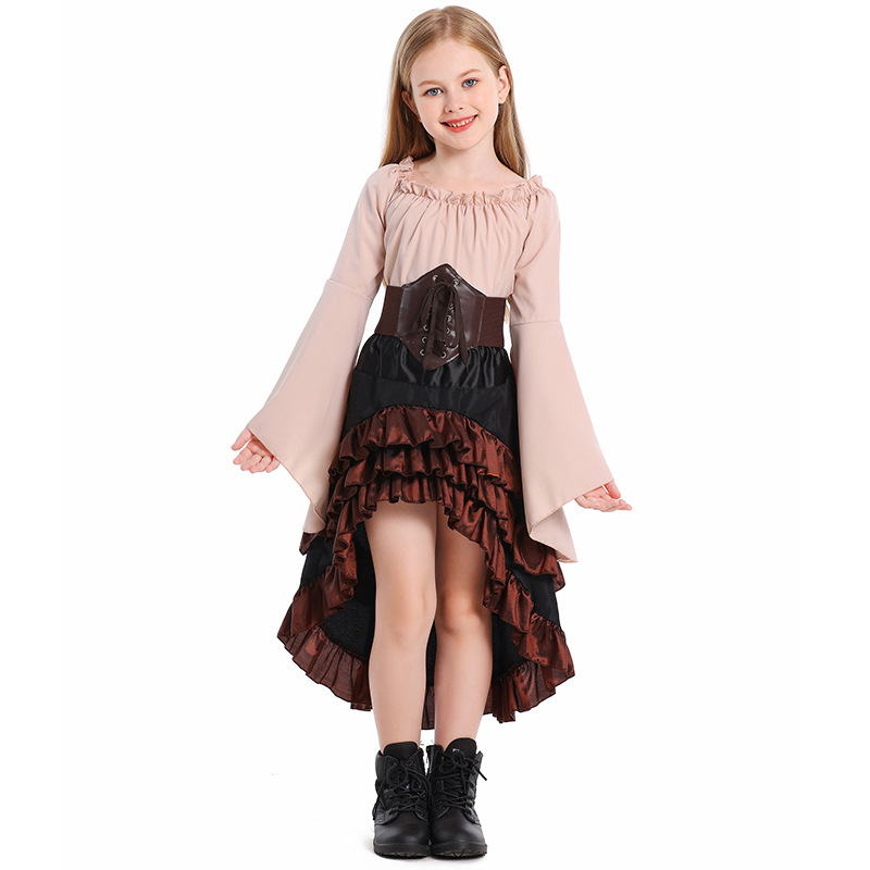 Little girl's Caribbean pirate costume: bell-sleeved top and high-waisted fishtail skirt, Halloween children's performance costume.
