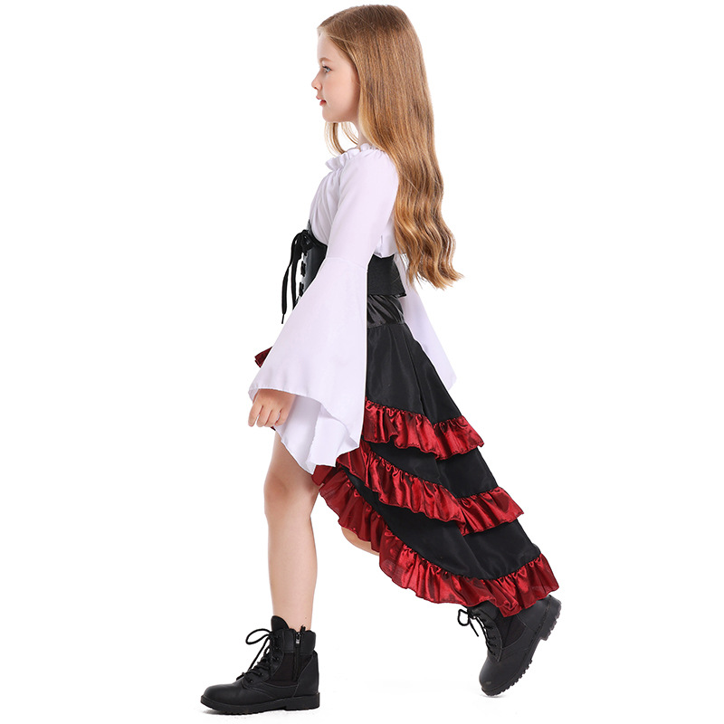 Little girl's Caribbean pirate costume: bell-sleeved top and high-waisted fishtail skirt, Halloween children's performance costume.