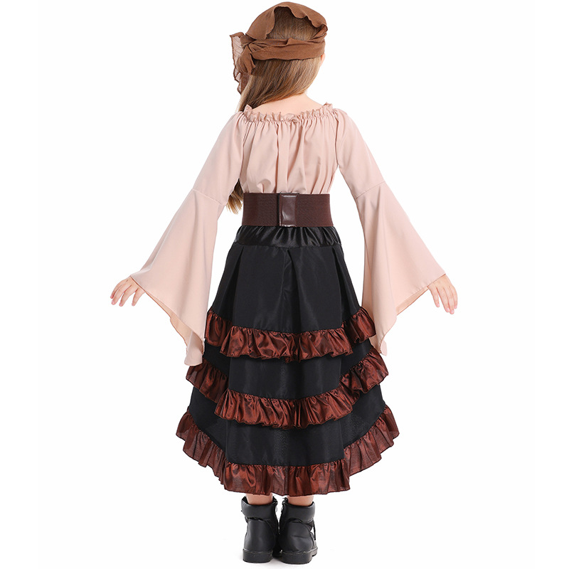 Little girl's Caribbean pirate costume: bell-sleeved top and high-waisted fishtail skirt, Halloween children's performance costume.