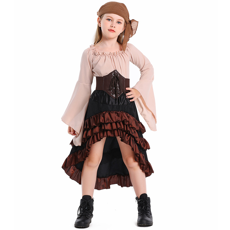 Little girl's Caribbean pirate costume: bell-sleeved top and high-waisted fishtail skirt, Halloween children's performance costume.
