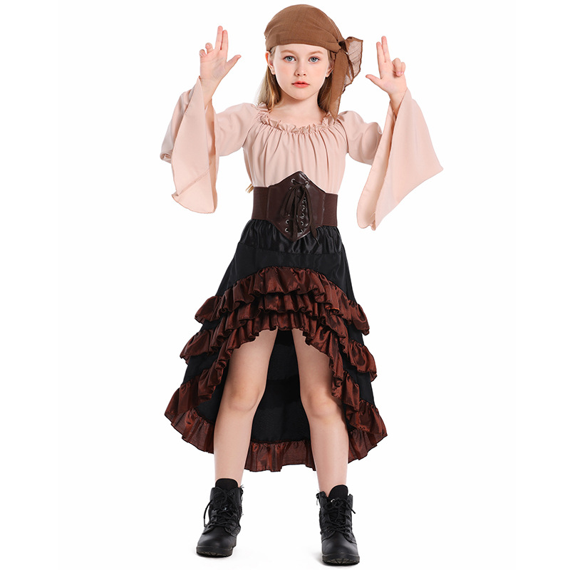 Little girl's Caribbean pirate costume: bell-sleeved top and high-waisted fishtail skirt, Halloween children's performance costume.