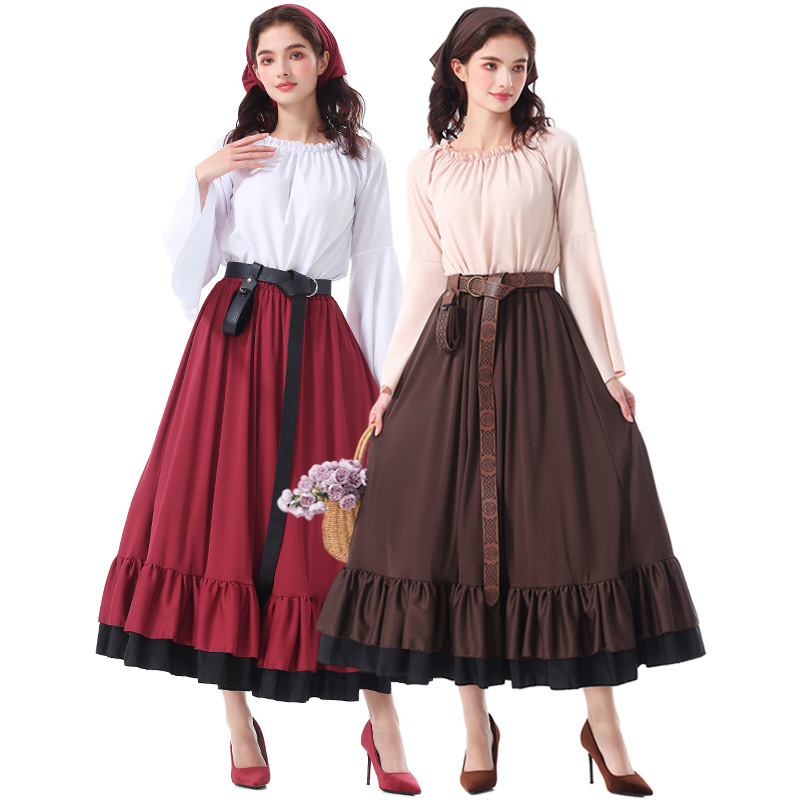 Halloween costumes: Renaissance, medieval ruffled long dress with headscarf, Victorian adult women
