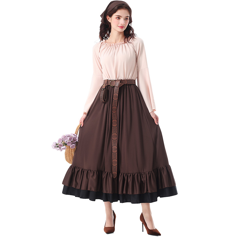 Halloween costumes: Renaissance, medieval ruffled long dress with headscarf, Victorian adult women