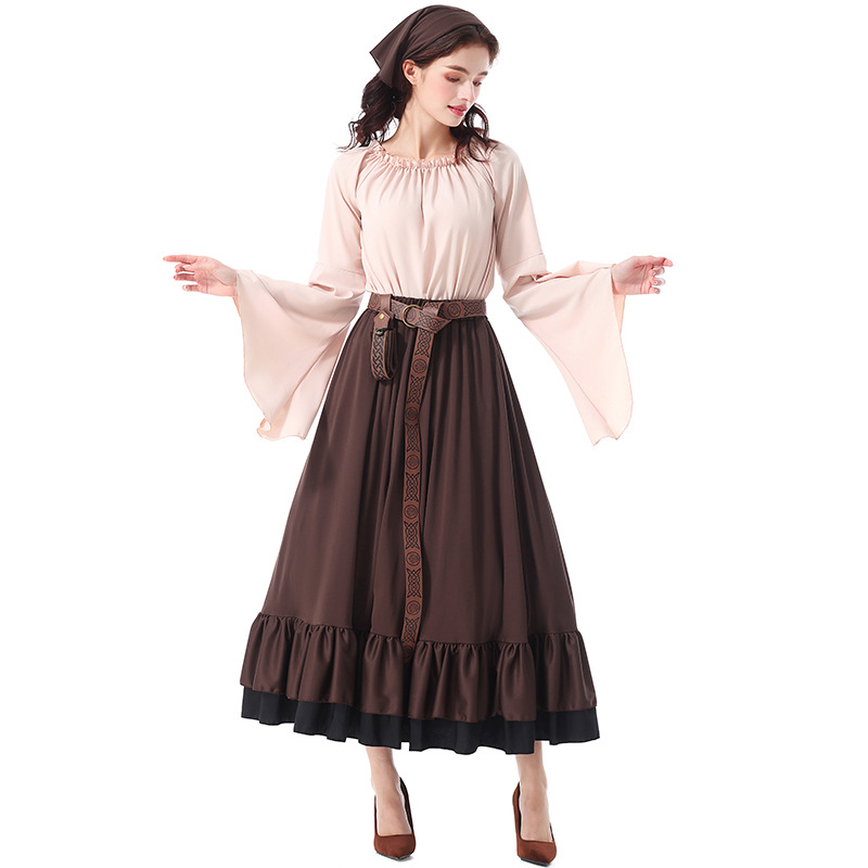 Halloween costumes: Renaissance, medieval ruffled long dress with headscarf, Victorian adult women