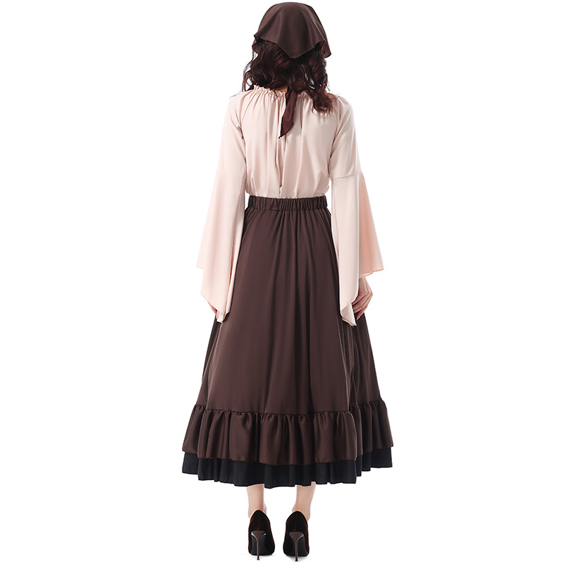 Halloween costumes: Renaissance, medieval ruffled long dress with headscarf, Victorian adult women