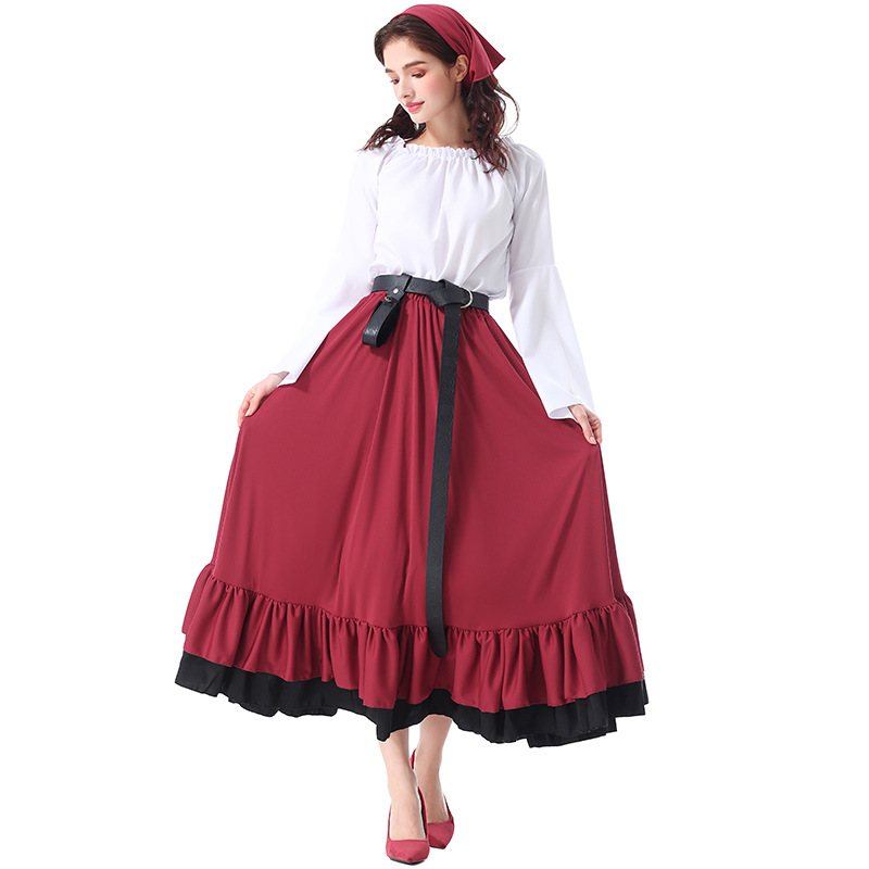Halloween costumes: Renaissance, medieval ruffled long dress with headscarf, Victorian adult women