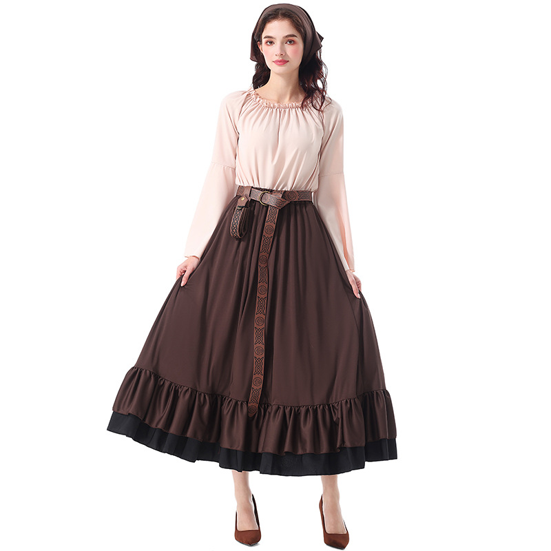 Halloween costumes: Renaissance, medieval ruffled long dress with headscarf, Victorian adult women