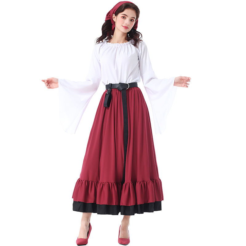 Halloween costumes: Renaissance, medieval ruffled long dress with headscarf, Victorian adult women