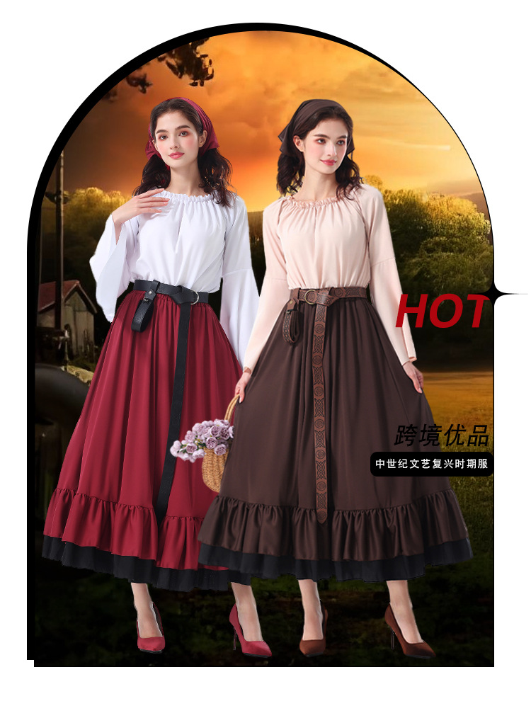 Halloween costumes: Renaissance, medieval ruffled long dress with headscarf, Victorian adult women