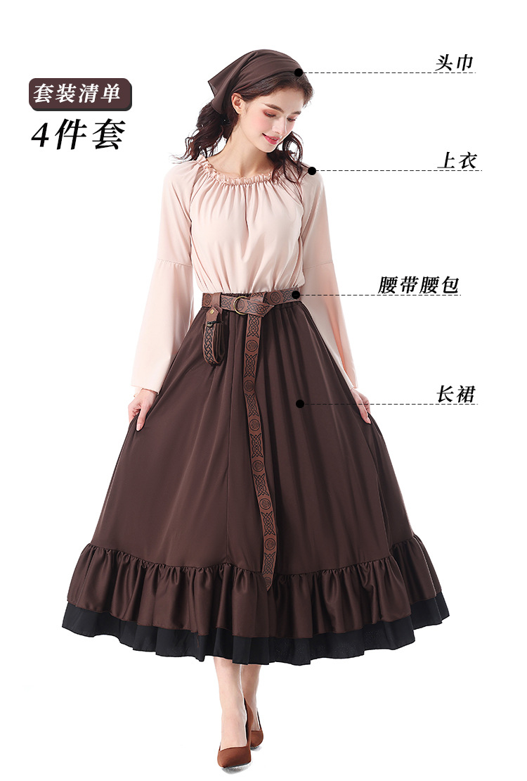 Halloween costumes: Renaissance, medieval ruffled long dress with headscarf, Victorian adult women