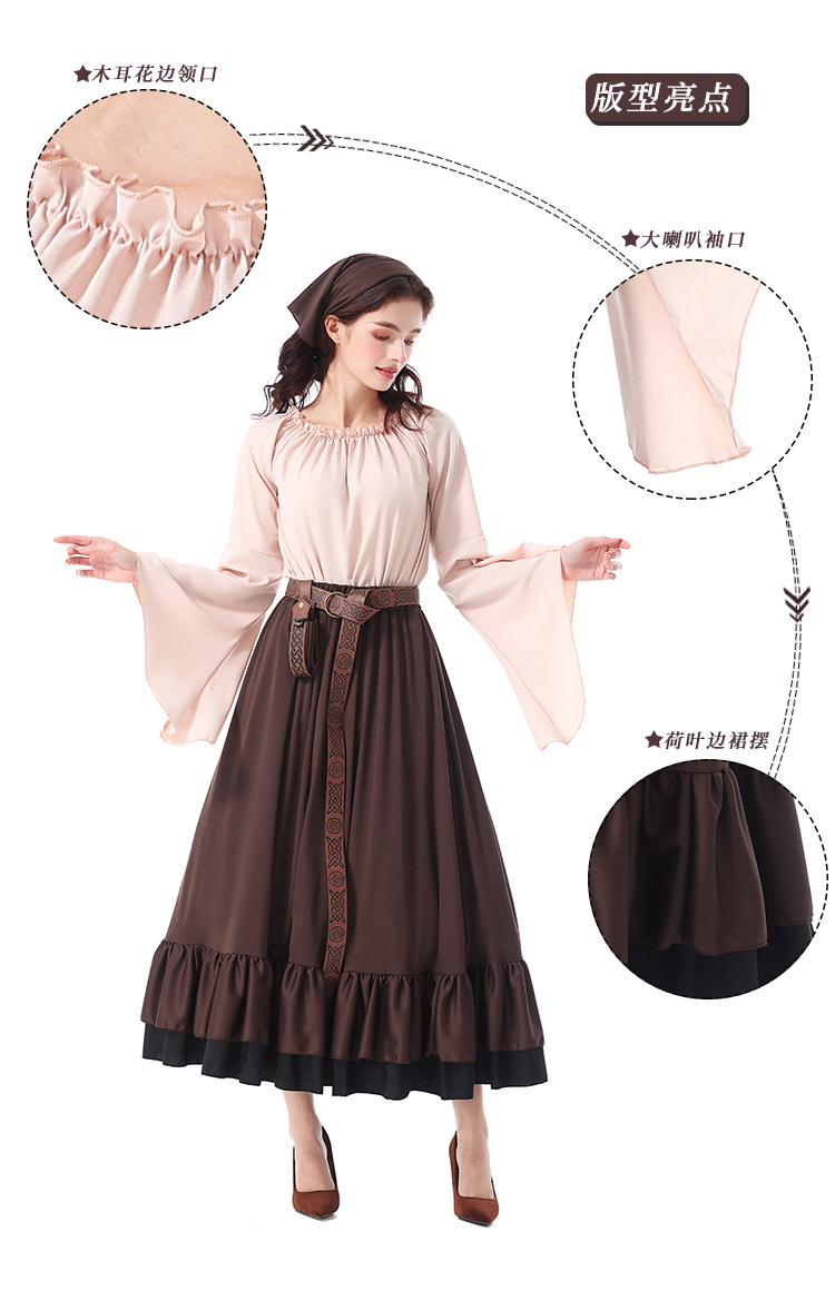 Halloween costumes: Renaissance, medieval ruffled long dress with headscarf, Victorian adult women