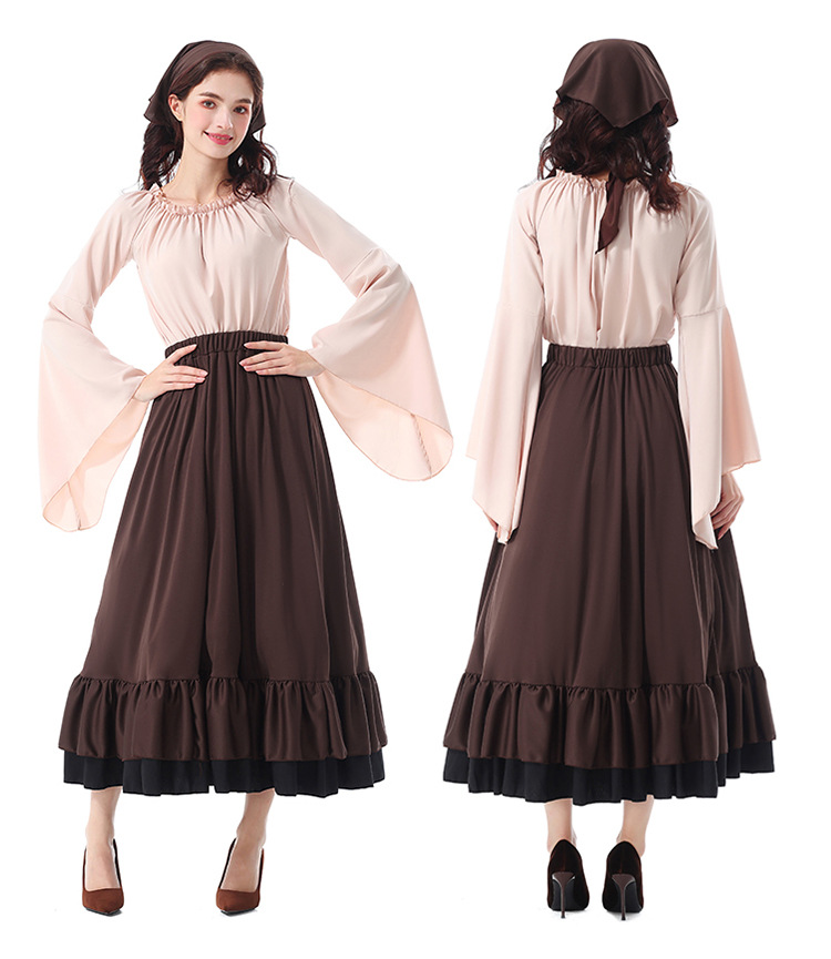 Halloween costumes: Renaissance, medieval ruffled long dress with headscarf, Victorian adult women