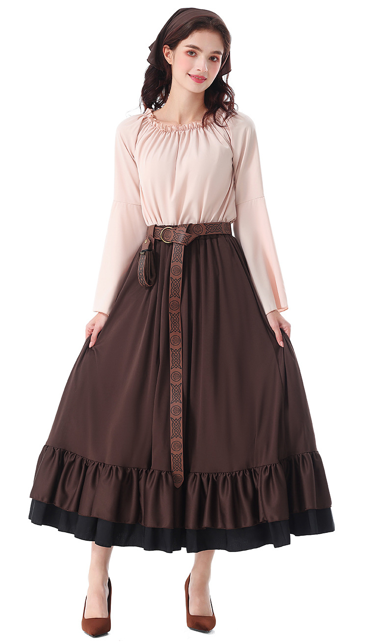 Halloween costumes: Renaissance, medieval ruffled long dress with headscarf, Victorian adult women