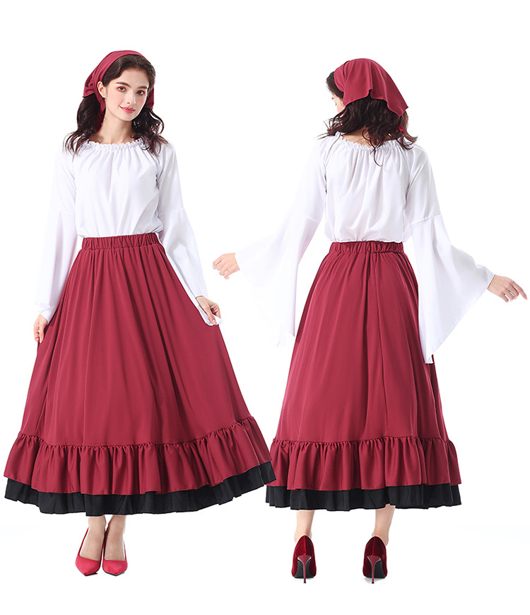 Halloween costumes: Renaissance, medieval ruffled long dress with headscarf, Victorian adult women
