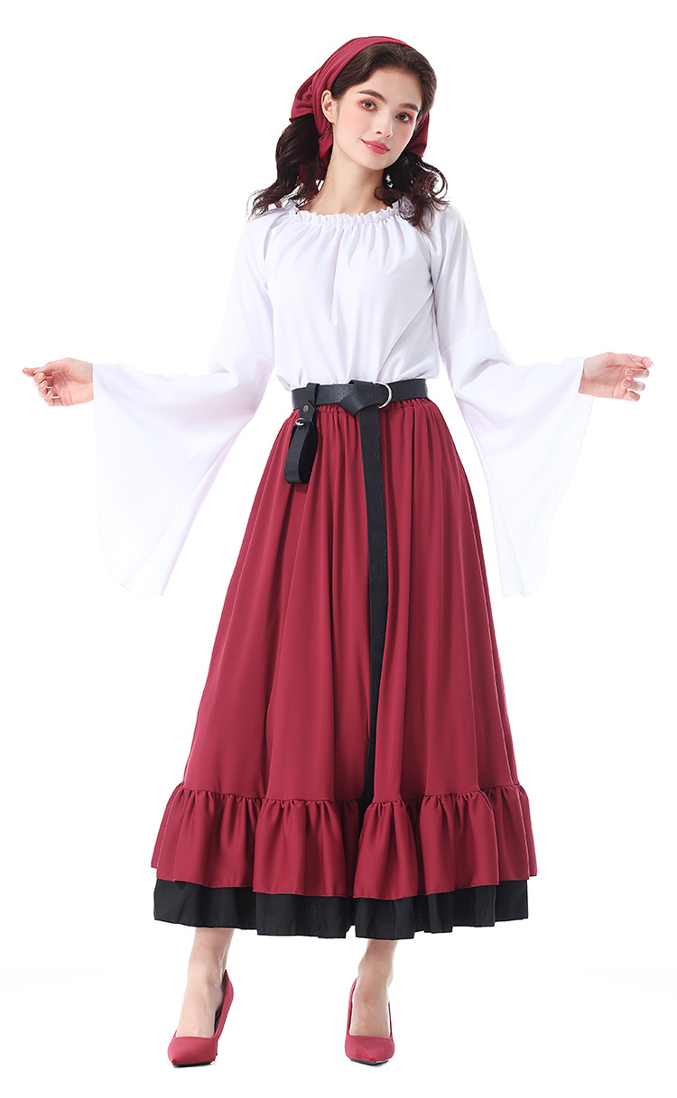 Halloween costumes: Renaissance, medieval ruffled long dress with headscarf, Victorian adult women