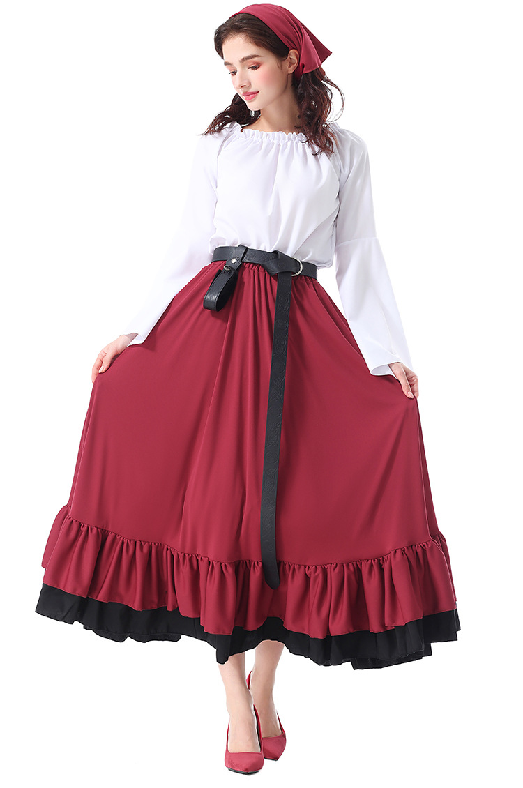 Halloween costumes: Renaissance, medieval ruffled long dress with headscarf, Victorian adult women