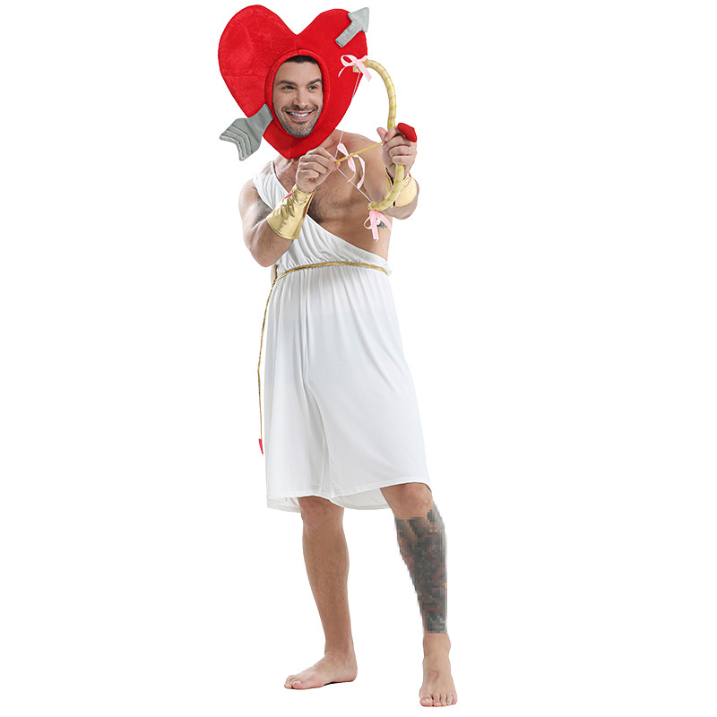 Halloween-themed men's cosplay costume, Cupid's heart-shaped bow and arrow set, for a spooky party.