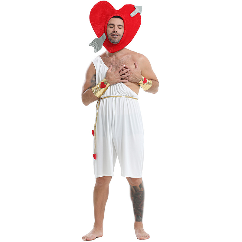 Halloween-themed men's cosplay costume, Cupid's heart-shaped bow and arrow set, for a spooky party.