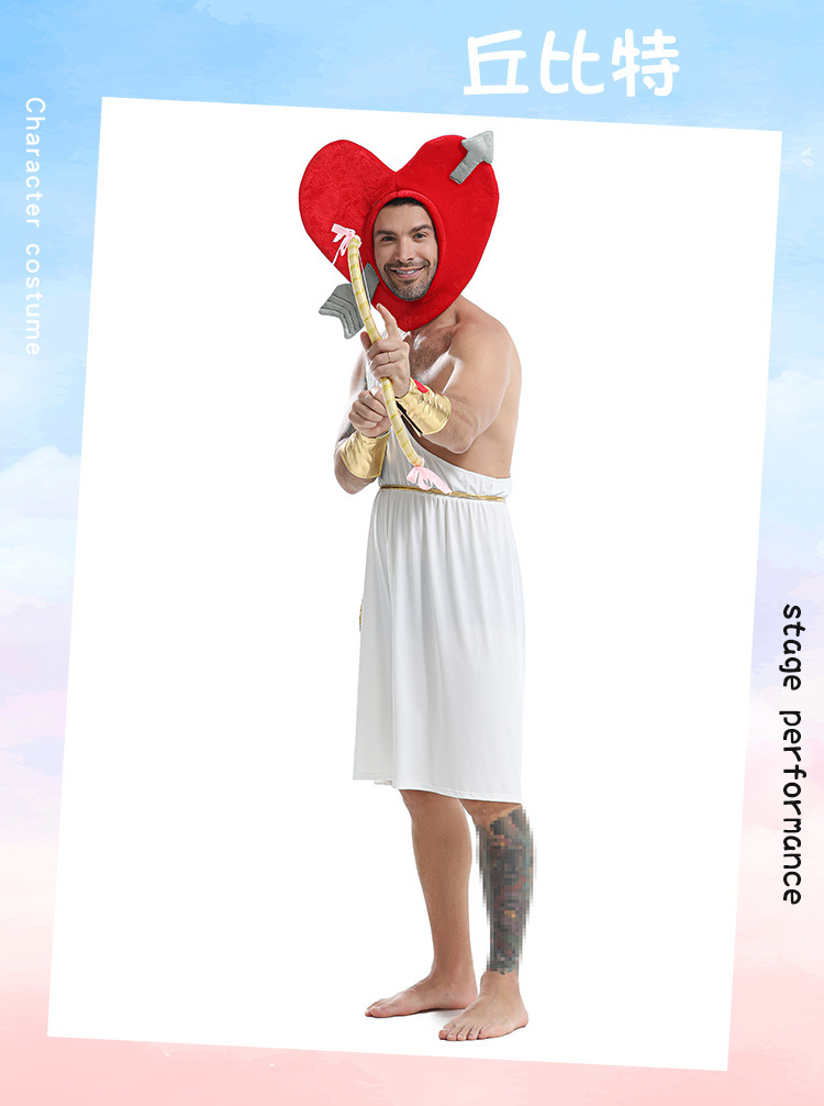 Halloween-themed men's cosplay costume, Cupid's heart-shaped bow and arrow set, for a spooky party.