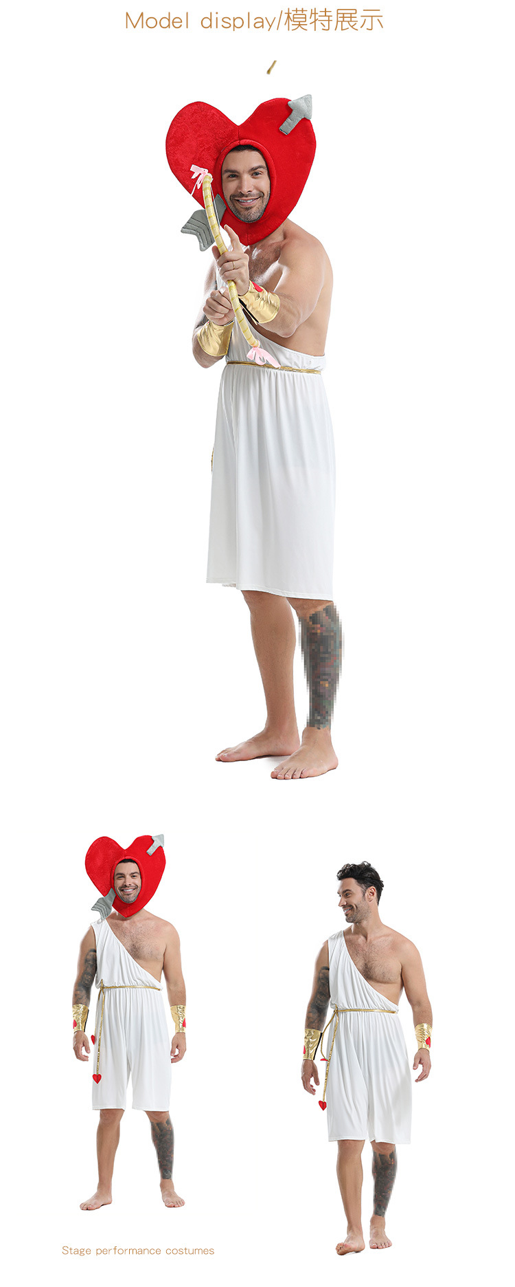 Halloween-themed men's cosplay costume, Cupid's heart-shaped bow and arrow set, for a spooky party.