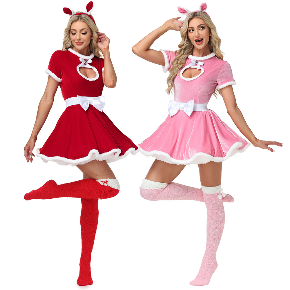 New Christmas Bunny Girl Adult Pink Heart-Shaped Sexy Christmas Performance Costume (Open Chest)