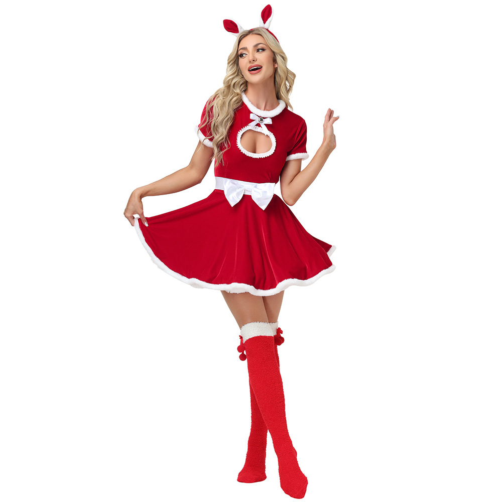 New Christmas Bunny Girl Adult Pink Heart-Shaped Sexy Christmas Performance Costume (Open Chest)