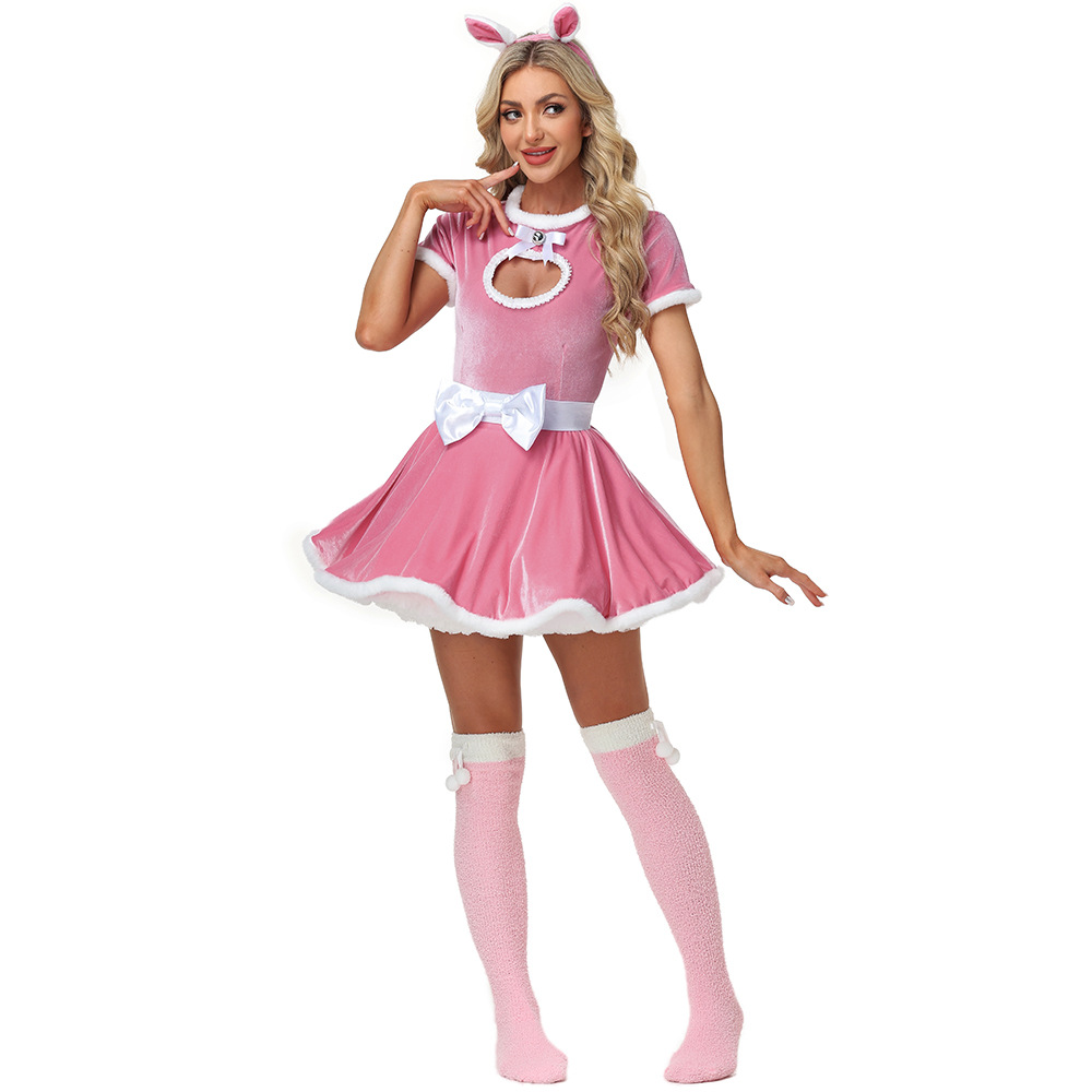 New Christmas Bunny Girl Adult Pink Heart-Shaped Sexy Christmas Performance Costume (Open Chest)