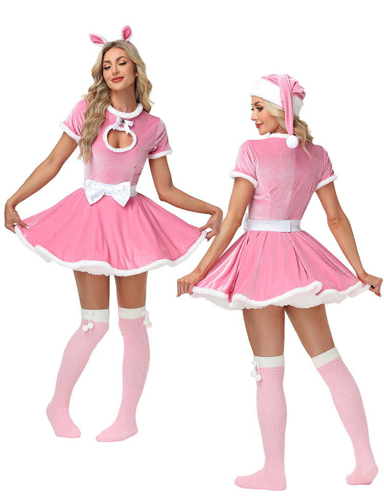 New Christmas Bunny Girl Adult Pink Heart-Shaped Sexy Christmas Performance Costume (Open Chest)