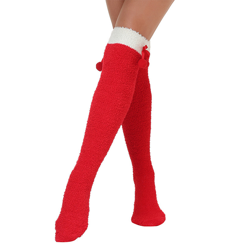 Women's pom-pom over-the-knee socks, warm long socks for autumn and winter, cute reindeer high socks for Christmas.