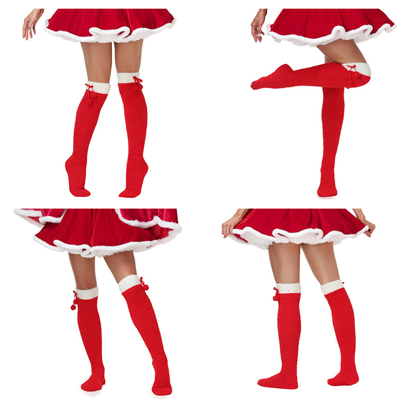 Women's pom-pom over-the-knee socks, warm long socks for autumn and winter, cute reindeer high socks for Christmas.