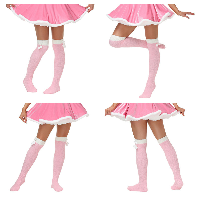 Women's pom-pom over-the-knee socks, warm long socks for autumn and winter, cute reindeer high socks for Christmas.