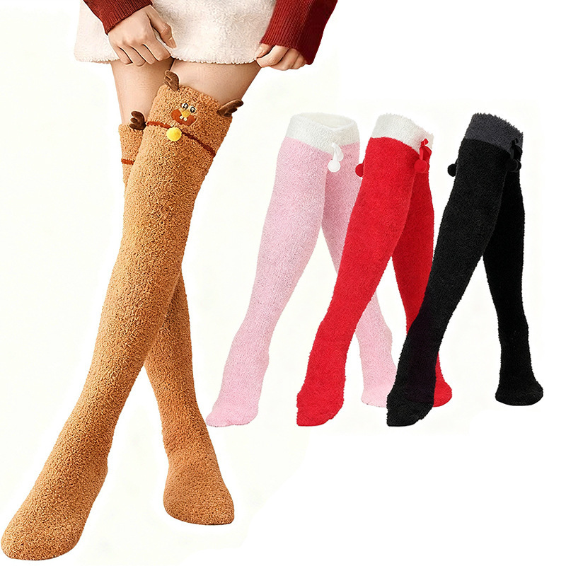 Women's pom-pom over-the-knee socks, warm long socks for autumn and winter, cute reindeer high socks for Christmas.