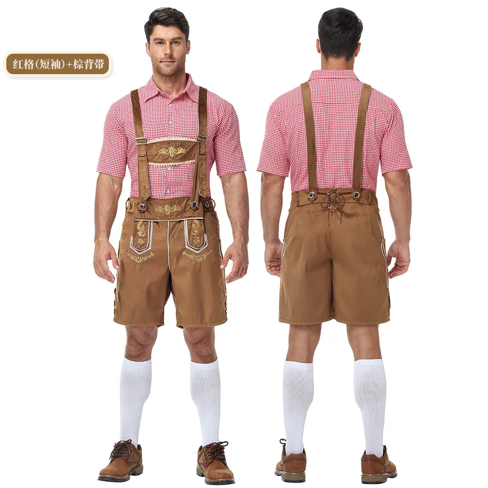 Brown pants + red plaid (short-sleeved shirt