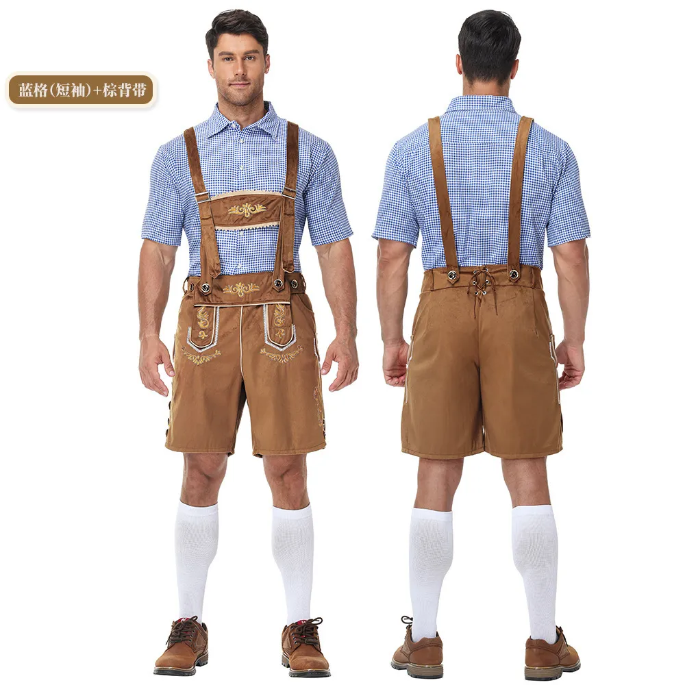 Brown pants + blue plaid (short-sleeved shirt