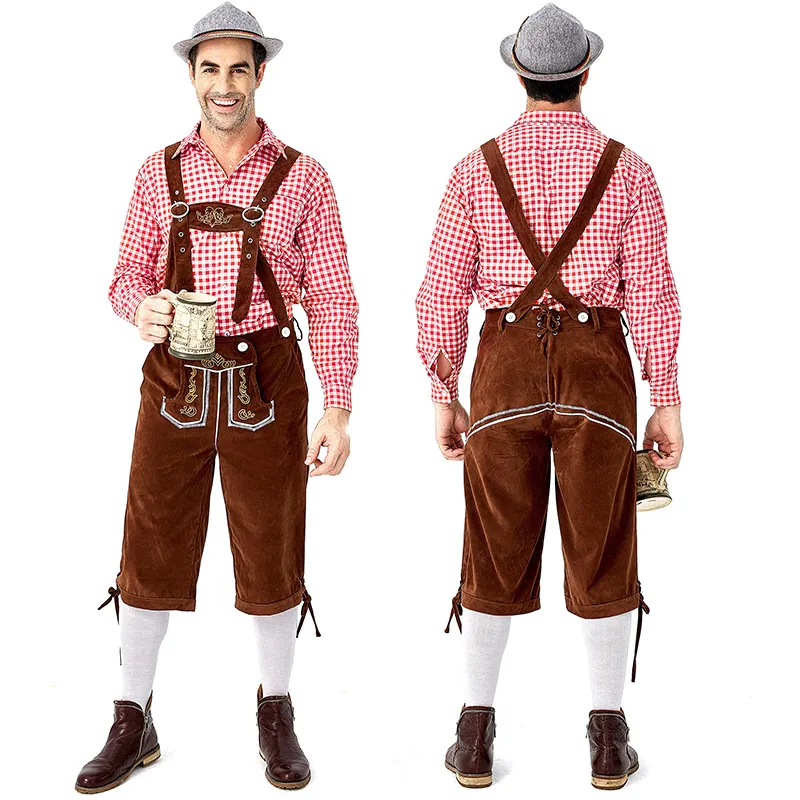 Red plaid + brown suspenders (hat not included
