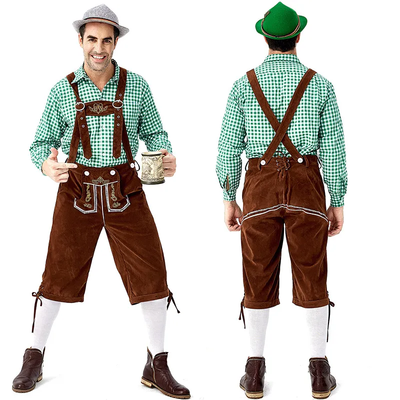 Green plaid + brown suspenders (hat not included