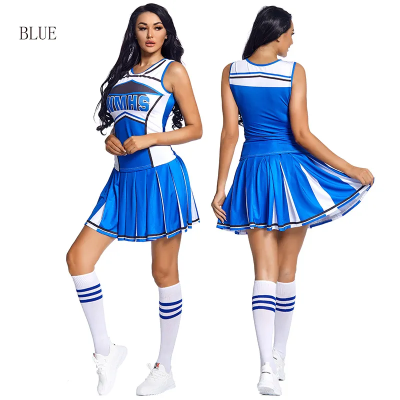 Blue top + short skirt + socks