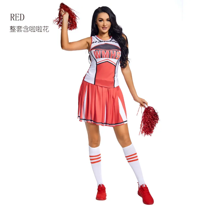Red top + short skirt + socks + cheerleading flowers