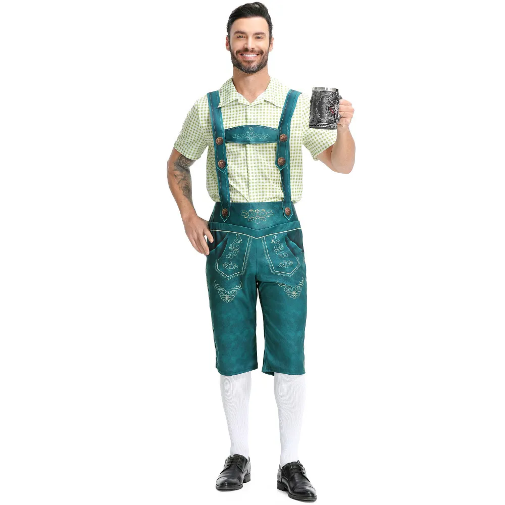 Green suspenders + green plaid short-sleeved shirt