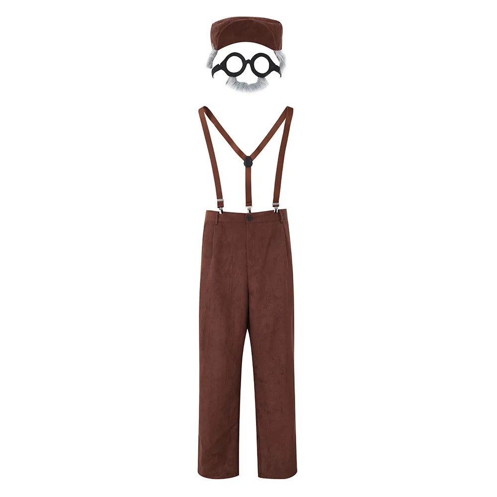 Brown trousers + suspenders + hat + glasses + beard