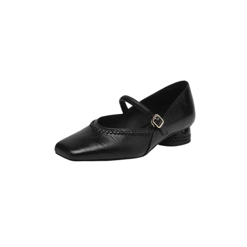 Plus-size early spring single shoes, square toe, buckle, chunky heel, mid-heel, comfortable slip-on women's shoes, black and gray.