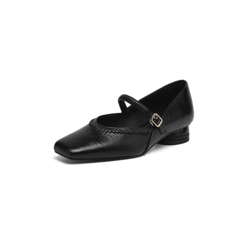 Plus-size early spring single shoes, square toe, buckle, chunky heel, mid-heel, comfortable slip-on women's shoes, black and gray.