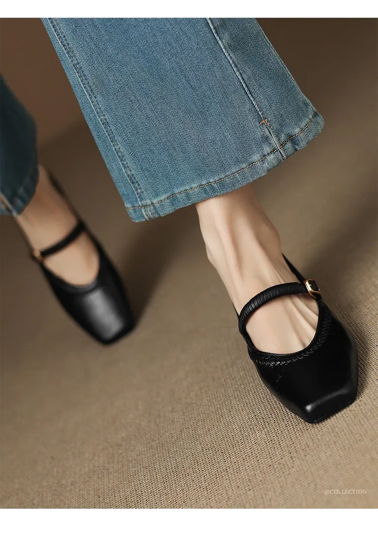 Plus-size early spring single shoes, square toe, buckle, chunky heel, mid-heel, comfortable slip-on women's shoes, black and gray.