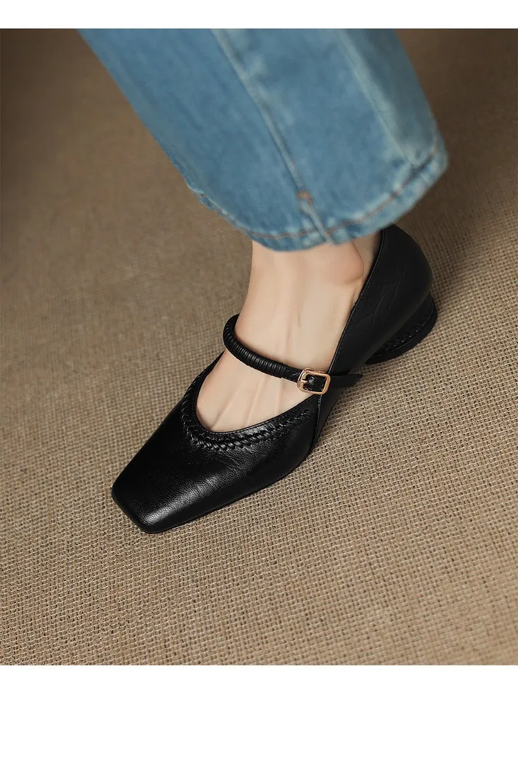 Plus-size early spring single shoes, square toe, buckle, chunky heel, mid-heel, comfortable slip-on women's shoes, black and gray.