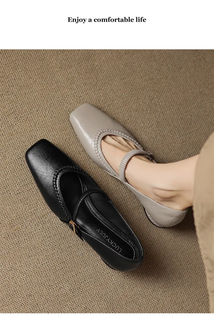 Plus-size early spring single shoes, square toe, buckle, chunky heel, mid-heel, comfortable slip-on women's shoes, black and gray.