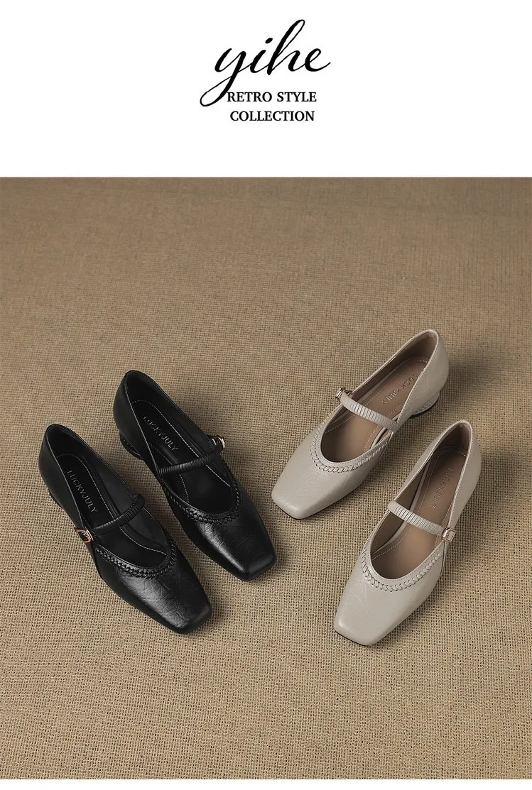 Plus-size early spring single shoes, square toe, buckle, chunky heel, mid-heel, comfortable slip-on women's shoes, black and gray.