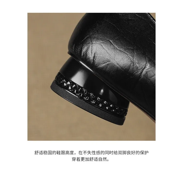 Plus-size early spring single shoes, square toe, buckle, chunky heel, mid-heel, comfortable slip-on women's shoes, black and gray.